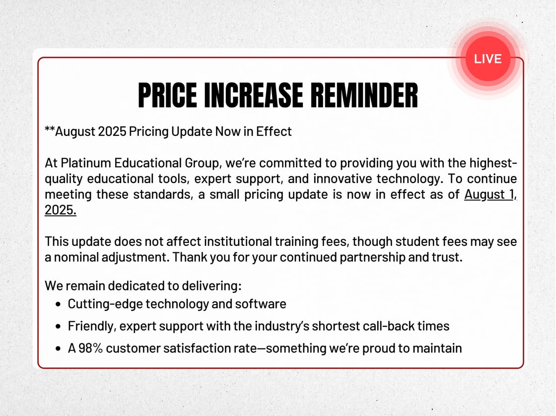 Price Increase August 2025 newsletter
